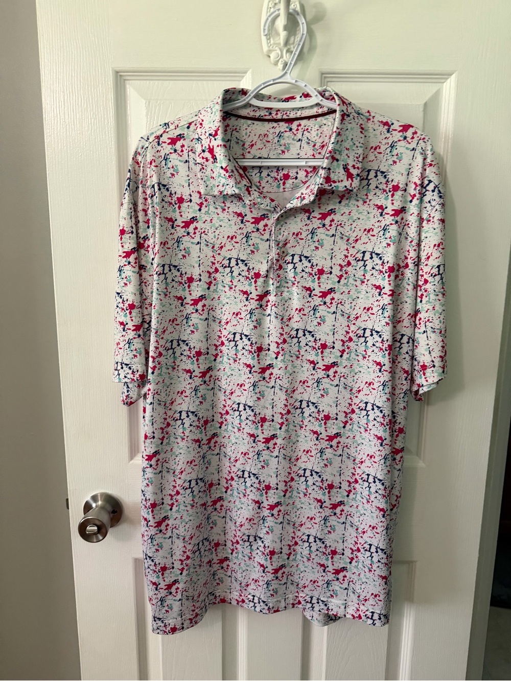 White Polo Shirt with Pink & Blue Paint-Splash Print
